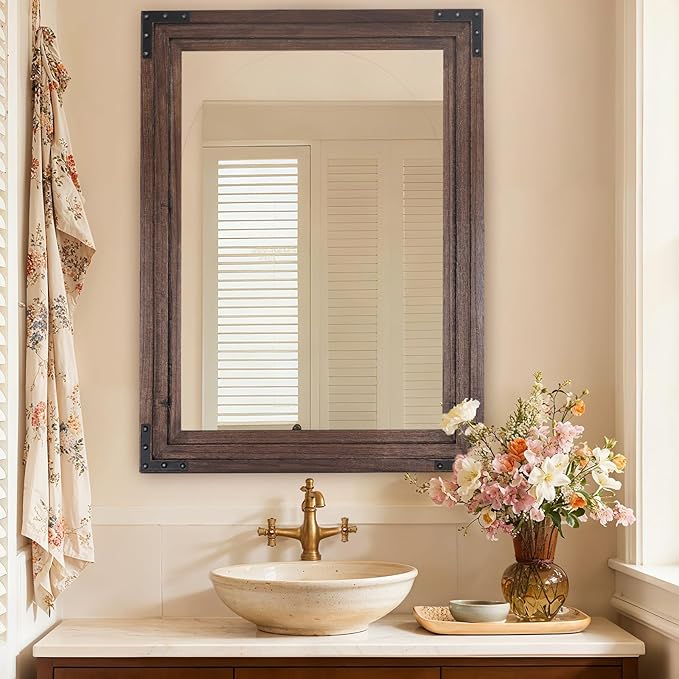 Full Length Mirror 40"x30" Solid Wood Frame Floor Standing Mirror, Hanging or Leaning Wall-Mounted for Living Room, Bedroom, Brown