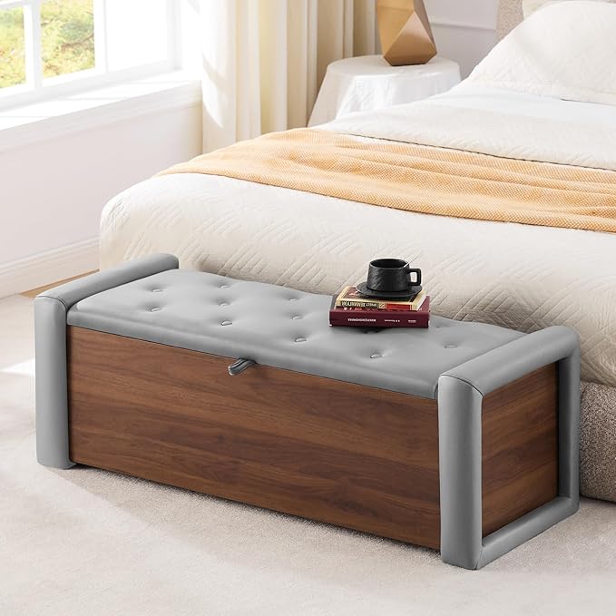 48" Large Storage Ottoman Bench, Faux Leather Upholstered Bed Bench with Button Tufted, End of Bed Ottoman with Safety Hinge for Bedroom, Living Room, Window，or Entryway, Drak Grey Shoe Storage Chest