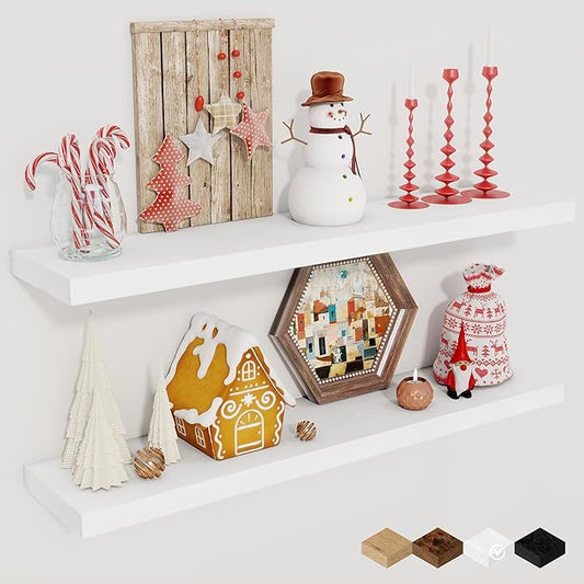 Fun Memories Floating Shelves for Wall, 30" Rustic Wood Deep Wall Mounted Shelves with Invisible Brackets for Decor & Storage, Floating Shelf for Living Room, Bathroom (White, Set of 2)