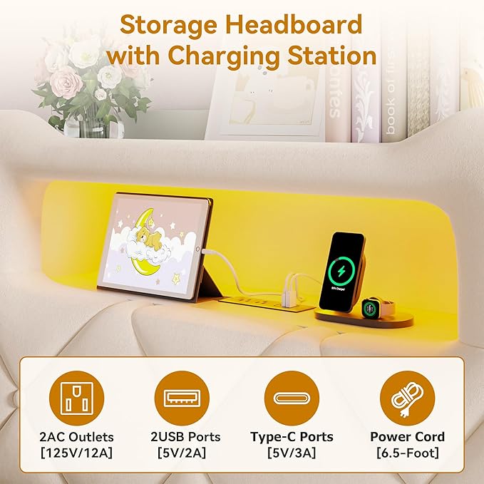 Twin Upholstered LED Bed Frame with 2 Storage Drawers and 2-Tier Storage Bookcase Headboard, Velvet Princess Platform Bed for Kids/Girls/Boys, Heavy Duty Metal Support, No Box Spring Needed, Beige