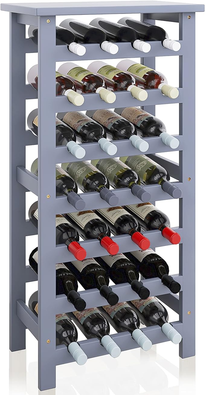 SMIBUY Bamboo Wine Rack, 28 Bottles Display Holder with Table Top, 7-Tier Free Standing Storage Shelves for Kitchen, Pantry, Cellar, Bar (Grey)