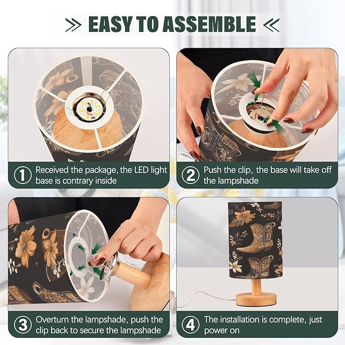 Western Cowboy Boots Flowers LED Table Lamp for Bedroom Bedside Lamp with USB Charging Ports Decor Nightstand for Living Room Reading Dorm Desk Home Office