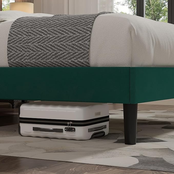 VECELO Queen Size Bed Frame with Upholstered Headboard, Velvet Platform Bedframe Mattress Foundation, Strong Wood Slat Support, No Box Spring Needed,Green