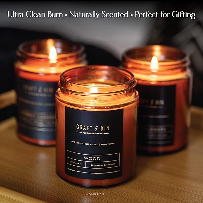 Craft & Kin Christmas Scented Candles for Men | Premium Wood Candle | All-Natural Scent for Home | Long Lasting Holiday Candles with 45 Hour Burn Time, 8oz