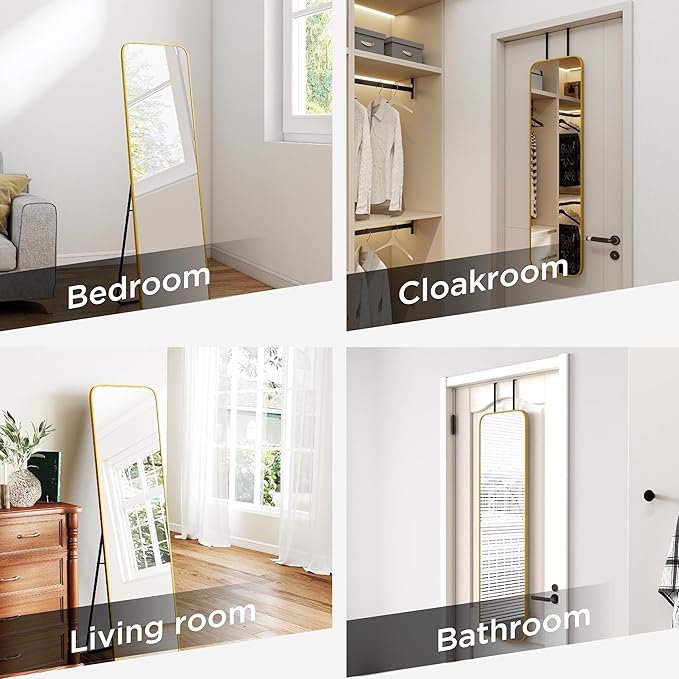 57x16 Door Hanging Full Length Mirror, Floor Stand (Height 5.7ft just Body in1.3ft) Wall Mounted Metal Frame Rectangle Dressing Mirrors for Bedroom Bathroom Room 57 inch Gold