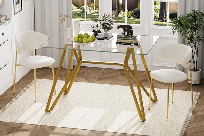 47.3" Glass Dining Table Modern Kitchen Table for 4 People Rectangular Dining Room Dinner Tables with Clear Glass Top & Gold Metal Legs for Kitchen Apartment