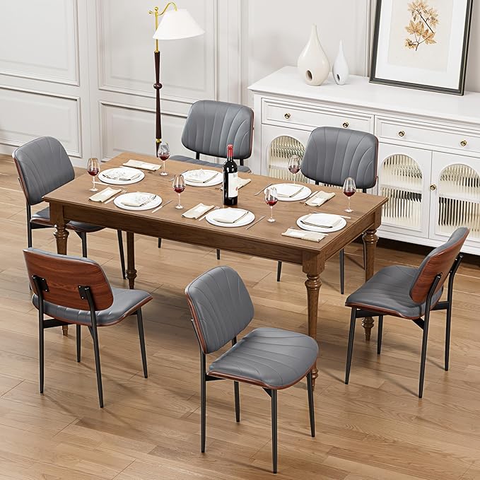 Dining Chairs Set of 8, Dining Room and Kitchen Chairs, Mid Century Modern Accent Chair, Upholstered PU Leather Chairs for Vanity with Walnut Bentwood and Metal Legs, Gray
