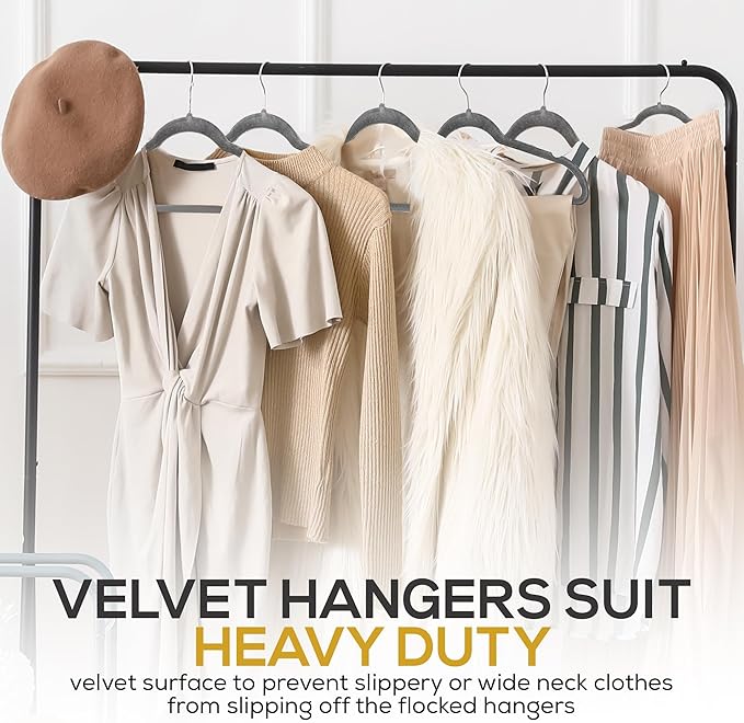 Premium Velvet Hangers 50 Pack Ultra Thin Non Slip Adult Felt Space Saving Slim Suit Hanger for Closet Heavy Duty Coat Pants Jackets Dress Hangers 360° Swivel Hook Hold Upto 10 lbs Gray