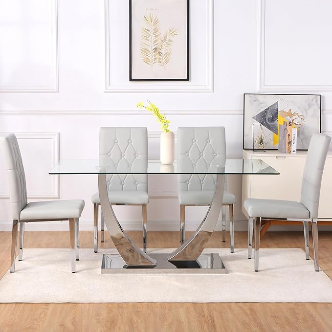 Modern Dining Table Set for 4,Dining Room Table Set for 4,Kitchen Table Set with 4 PU Leather Chairs,63'' Glass Dining Table Set with Silver U-Shaped Table Legs and Rectangular Base