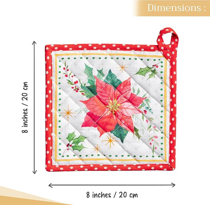 Maison d' Hermine Pot Holders 100% Cotton Heat Resistant Potholders 8" x 8" Hot Pads with Loop for Thanksgiving Christmas Decorations BBQ Cooking Handling Hot Pans (Pack of 1, Poinsettia Christmas)