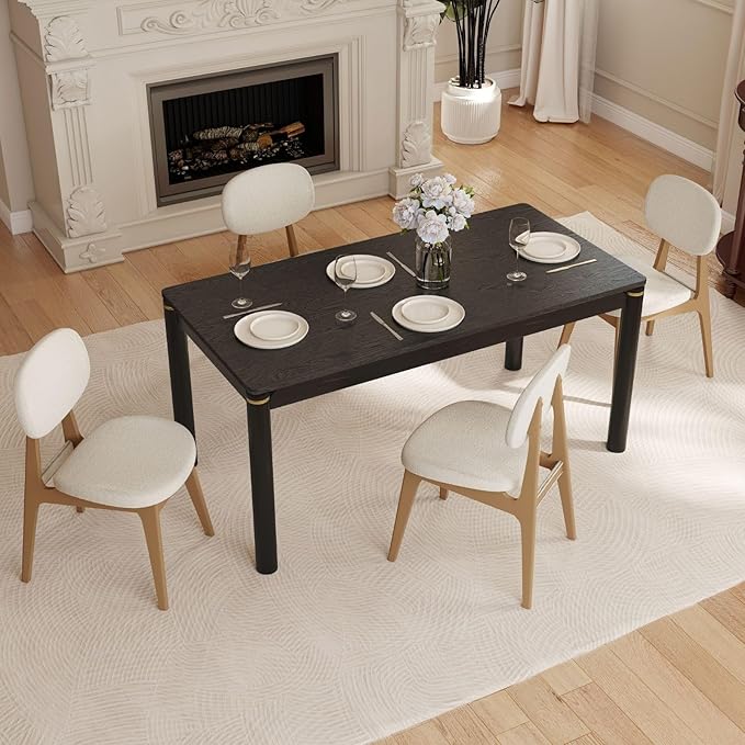 63" Dining Table for 4-6 People, Modern Farmhouse Rectangular Kitchen Table with Solid Wood Legs & Gold Trim, Large Long Dining Room Table for Living Room, Black (Table Only)