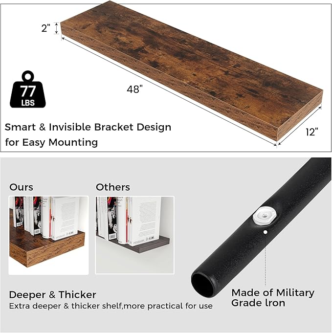 Floating Shelves for Wall, 48 Inch Wide x 12 Inch Deep Floating Shelves, Long Wood Floating Wall Shelf Shelves for Living Room Bathroom Bedroom Kitchen Home - (Brown, 48" W x 12" D x 2" H)
