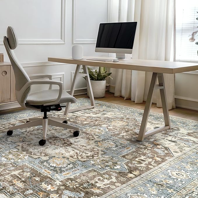 Area Rugs 5x7 - Machine Washable Vintage Oriental Soft Rug, Low Pile Thin Floor Carpet with Non Slip Backing for Living Room, Bedroom,Dorm, Kitchen, Indoor House, Office Rolling Chair