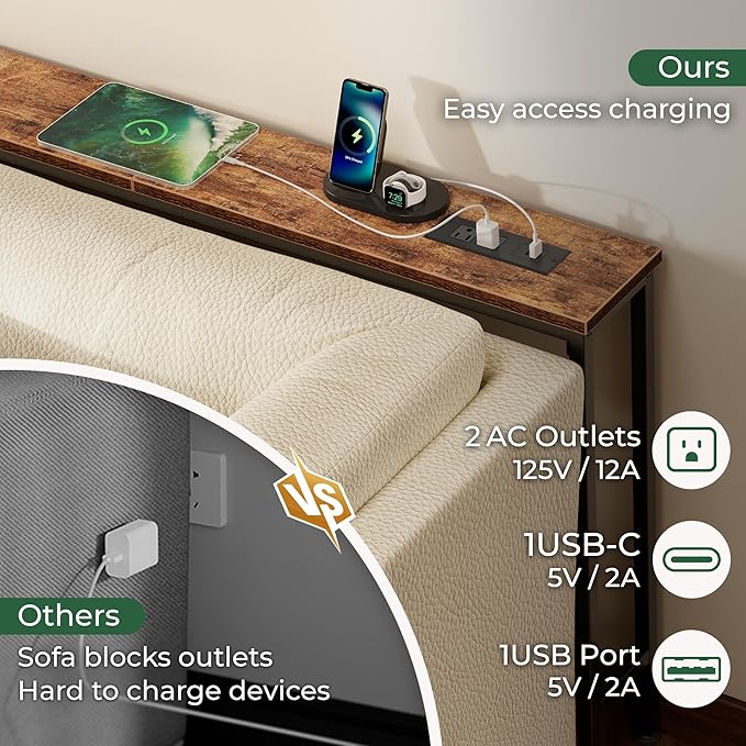 SUPERJARE 110.2 Inch Sofa Table with Power Outlets and USB-C Ports, 5.9 Inch Narrow Console Tables, Entryway Hallway Couch Tables with Storage, Behind Sofa, Small Spaces, Living Room, Rusitc Brown