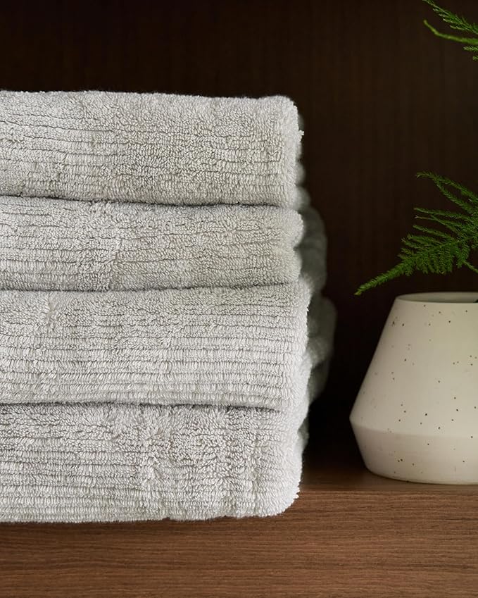 Cozy Earth Ribbed Washcloth Set - 60% Cotton 40% Viscose from Bamboo Bathroom Washcloths - Soft & Absorbent Textured Ribbed Pattern - 4 Pack Light Grey