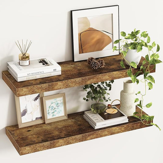 Fun Memories 32Inch Floating Shelves, 9.3Inch Deep Rustic Wall Shelves - Extra Deeper & Thicker Wall Mounted Storage Shelf for Kitchen, Farmhouse - 32" W x 9.3" D x 1.5" H - Set of 2 - Rustic Brown