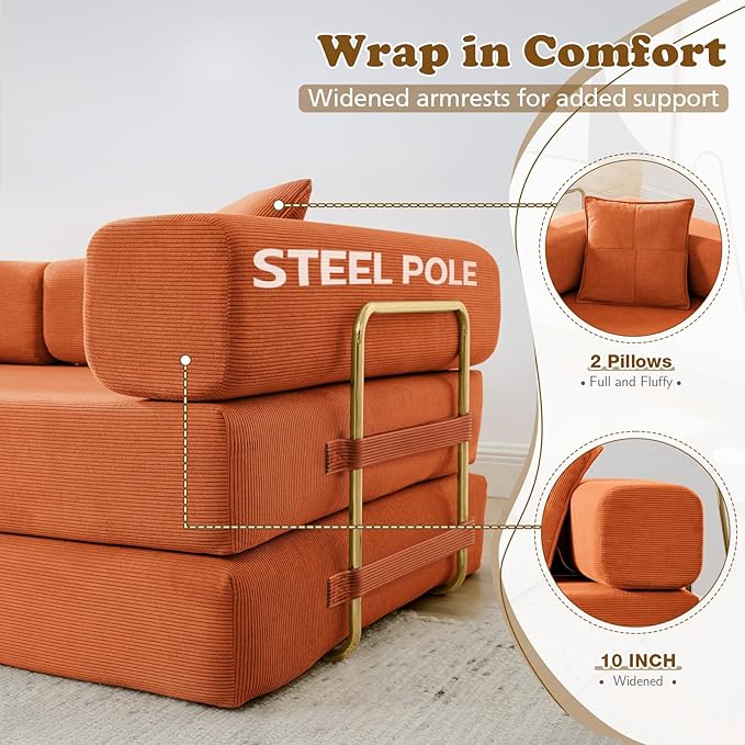 Antetek Convertible Futon Sofa Bed, 3-Seater Modern Corduroy Foam Floor King Size Bed Fold Out Sleeper Lounge Loveseat Sofa Couch with 2 Throw Pillows for Living Room Bedroom Guest Room, Orange
