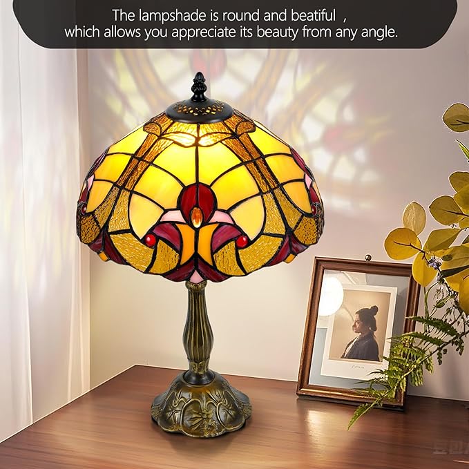 Majestic 12-Inch Tiffany Style Table Lamp,Handcrafted Baroque Stained Glass Lamp with 9W LED,Grand Tiffany Lamps for Living Room, Dining Room, Luxury Home Decor.