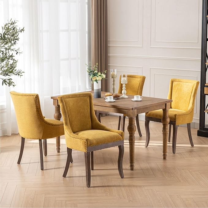 Farmhouse Dining Chairs Set of 6, Upholstered Fabric Dining Room Accent Chairs with Wood Legs & Bronze Nailhead, High Wingback Kitchen Chairs for Living Room Hotel Apartment, Golden Yellow