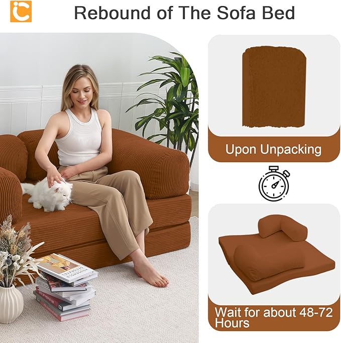 COMAX Futon Sofa Bed, 4-in-1 Floor Foldable Sofa Couch Bed Queen with L-Shaped Armrests, Convertible Folding Chair Bed Corduroy Sleeper Mattress Fold Out Comfy Lounge for Living Room, Orange