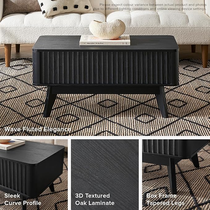 mopio Brooklyn Lift Top Coffee Table for Living Room, Mid Century, Modern Farmhouse with Lifting Tabletop & Hidden Storage, Fluted Panel, Rising Pull Up Dining Table (Black Oak)