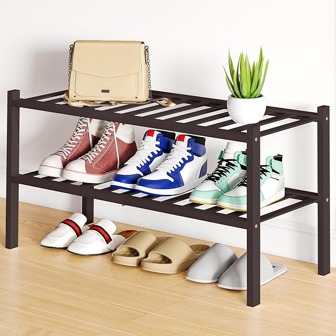 Smiry Shoe Rack, 2 Tier Bamboo Shoe Organizer, Stackable Free Standing Wooden Shoe Storage Shelf for Closet, Entryway, Front Door Entrance, Brown