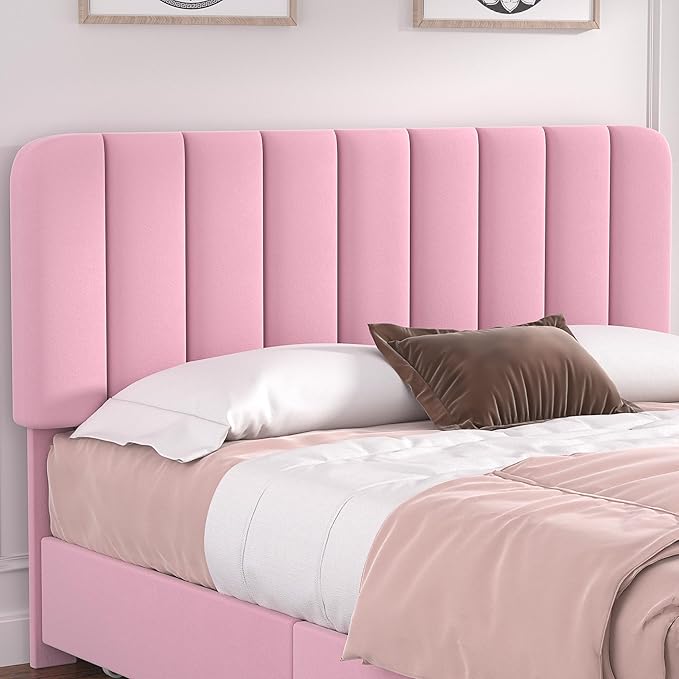 VECELO Queen Size Upholstered Bed Frame with 4 Drawers and Headboard, Velvet Platform Storage Bedframe, Wooden Slats Support, No Box Spring Needed,Pink