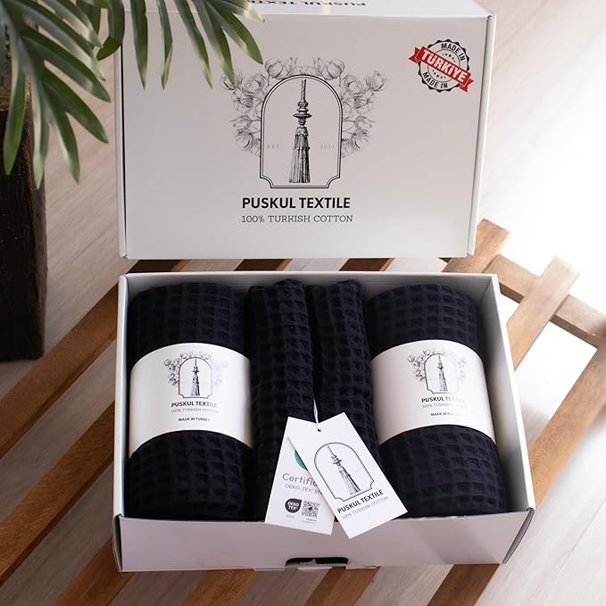 Püskül - Luxury Waffle Towel Set for Bathroom 4 Pieces Black, Premium Quality Organic 100% Turkish Cotton 2 Hand and 2 Bath Towels Sets, Quick Dry Thin Waffle Towels, Made in Turkiye (Black)