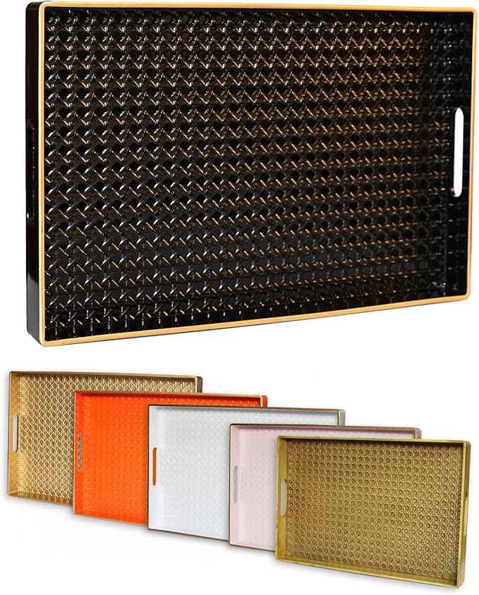 Black Decorative Coffee Table Tray, Rectangular Plastic Serving Tray with Handles for Living Room, Ottoman, Bathroom, 15.7"*10.2"