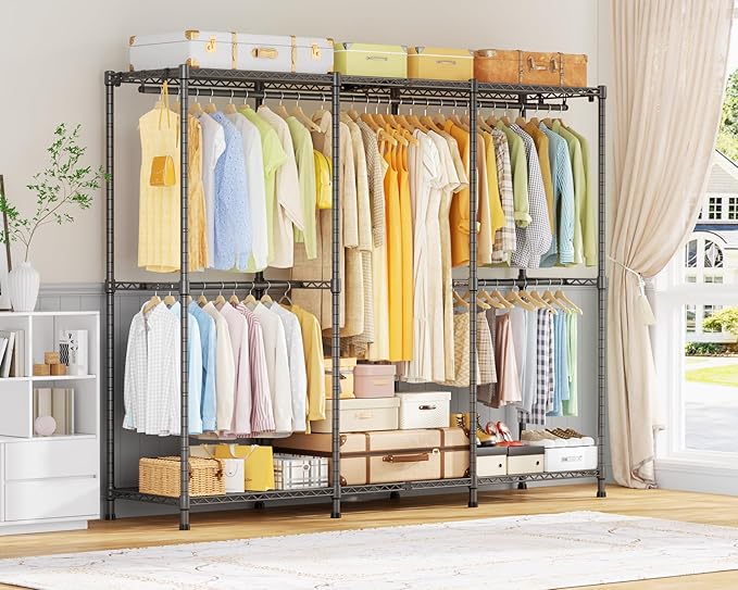 E14 Heavy Duty Clothes Rack，Freestanding Clothing Racks for Hanging Clothes，Adjustable Closet Organizers and Storage，Metal Garment Rack with Shelves 69" W x16 D x77 H，Max Load 960LBS，Grey