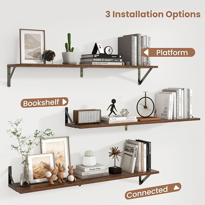 Axeman 40 Inch Floating Shelves | 8 Inch Deep Walnut Wall Shelves Set of 2 | 39.4W x 8D Rustic Wood Shelves for Bookshelf Living Room Bedroom Home Office Bathroom