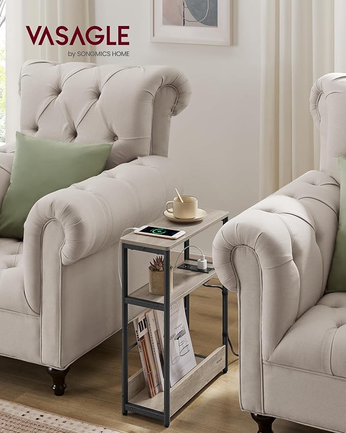 VASAGLE Side Table with Charging Station, Narrow End Table, 3-Tier Nightstand, Sofa Table for Small Spaces, Magazine Rack, for Living Room, Bedroom, Study, Heather Greige and Ink Black ULET335K04