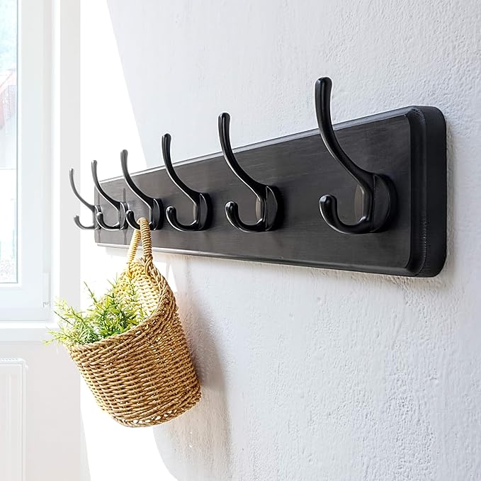 Dseap Coat Rack Wall: 24" Long, Patented, Heavy-Duty, 6-Double-Hooks Wooden Wall Mounted Coat Rack Coat Hanger Hook Rail for Winter Coats Hat Jacket Clothing, Black