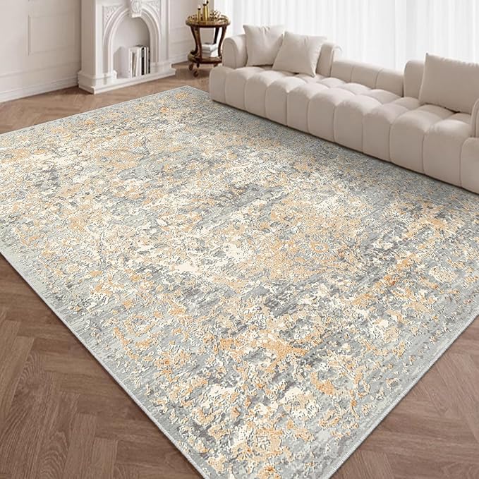 Area Rug 8x10 Rugs for Living Room Abstract Washable Rugs Area Rugs Carpet for Bedroom Living Room Indoor Non Slip No Pile, Machine Washable Area Rugs(Grey-Based with Yellow 8x10)