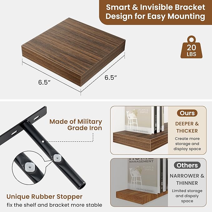 fuqing Floating Shelves for Wall, Wall Mounted Wood Floating Shelf with Invisible Brackets for Living Room, Bathroom, Bedroom, Kitchen Storage and Decor, 6.5 Inch Set of 3, Walnut