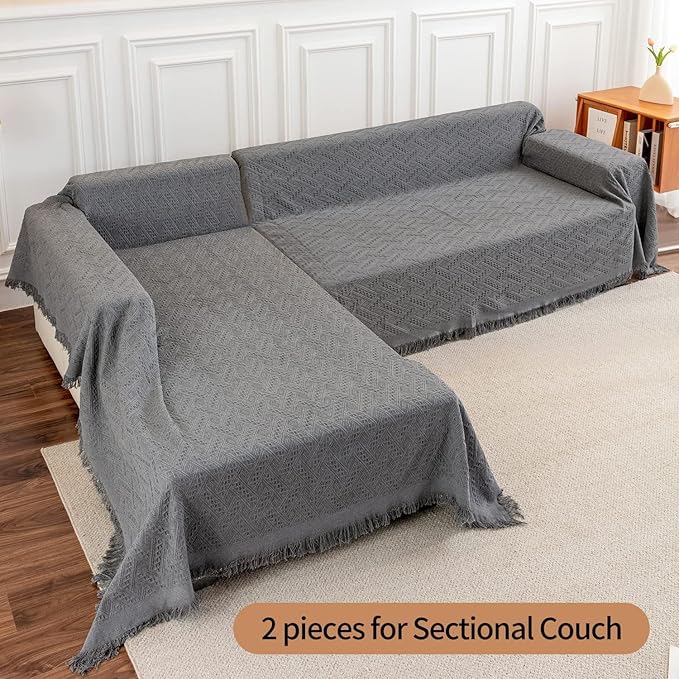 Deep Dream Sectional Covers for 3 Cushion Couch, Sofa Dogs, Geometrical Jacquard Fabric (X-Large, 71" x 118", Dark Grey)