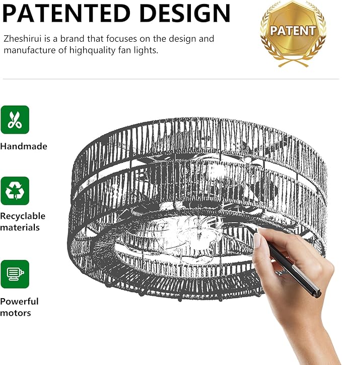 Boho Caged Ceiling Fan with Lights Flush Mount,17.7" Rattan fandelier Ceiling Fan with Remote Control,Layered Farmhouse Low Profile 6 Speeds for Bedroom,Living Room,Kitchen,Dining Room