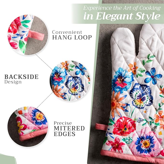 Maison d' Hermine 100% Cotton Oven Mitt & Pot Holder Set (7.5"x13" & 8"x8") Heat Resistant BBQ Cooking Gloves with Loop, Grilling, Kitchen, Handling Hot Pan Spring/Summer (Happy Florals - High Summer)