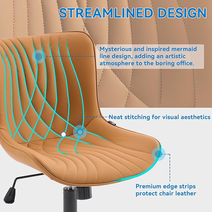 YOUNIKE Office Chair, Armless Desk Chair with Wheels, Adjustable Swivel Home Office Computer Task Chairs, Modern Faux Leather Upholstered Vanity Chair with Back, Saffron Tan