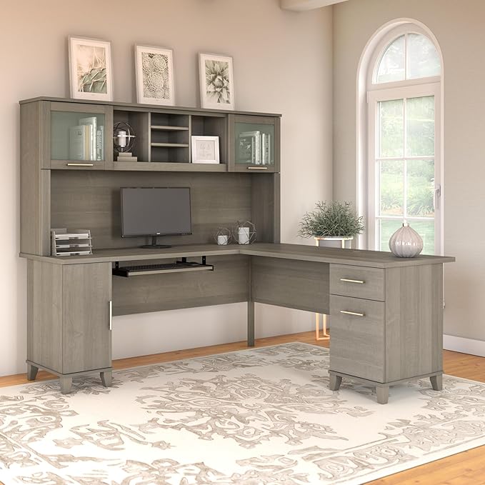 Bush Furniture Somerset L Shaped Desk with Hutch in Ash Gray | Corner Computer Table with Drawers, Cabinets and Pullout Keyboard/Laptop Tray for Home Office