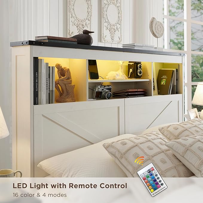 ACCOHOHO Farmhouse King Size Bed Frame with 52" High Storage Bookcase Headboard and 4 Drawers,Wooden Bed Frame with LED Light and Charging Station,White