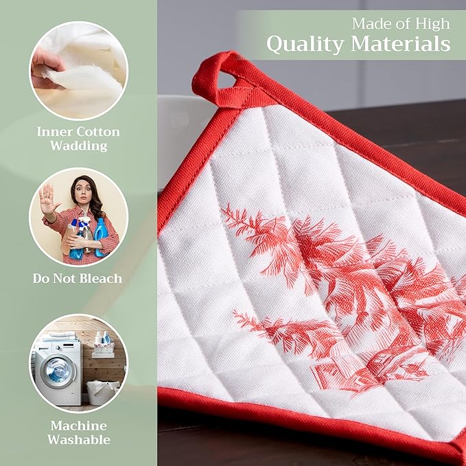 Maison d' Hermine Pot Holders Set 100% Cotton Heat Resistant Potholders 8" x 8" Hot Pads with Loop for Thanksgiving Christmas Decorations BBQ Cooking Baking Handling Hot Pans (Pack of 2, Winter Jouy)