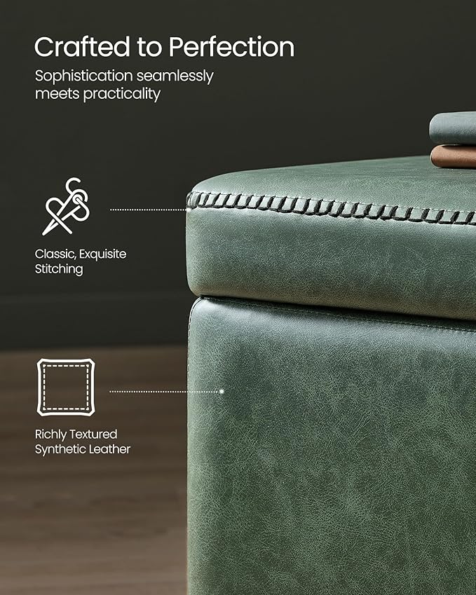 VASAGLE EKHO Collection - Storage Ottoman Bench, Entryway Bedroom Bench, 25 Gallons, Synthetic Leather with Stitching, Mid-Century Modern, Safety Hinges, Loads 660 lb, Forest Green ULOM075C01