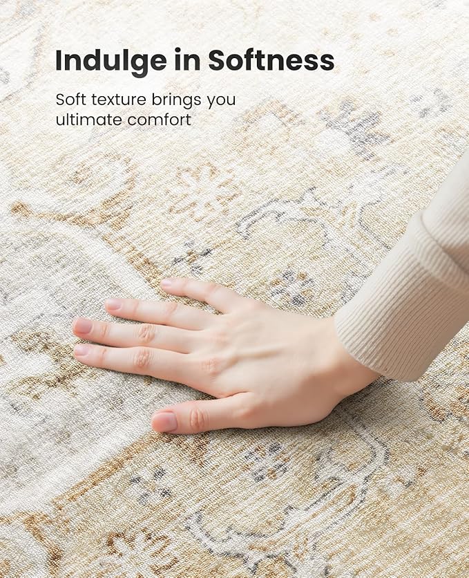 AMADA HOMEFURNISHING 6x9 Area Rugs, Beige Washable Rug Low-Profile with Non-Slip Backing & Durable Edge Binding, Vintage Rugs for Living Room, Bedroom, Dinning Room