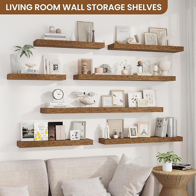 fuqing Floating Shelves for Wall, Wall Mounted Wood Floating Shelf with Invisible Brackets for Living Room, Bathroom, Bedroom, Kitchen Storage and Decor, 40 Inch Set of 2, Rustic Brown