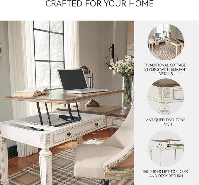 Signature Design by Ashley Realyn French Country 3-Drawer 2-Piece Home Office Desk with Spring Lift Top, USB Ports and AC Plug-Ins, Dark Brown & White