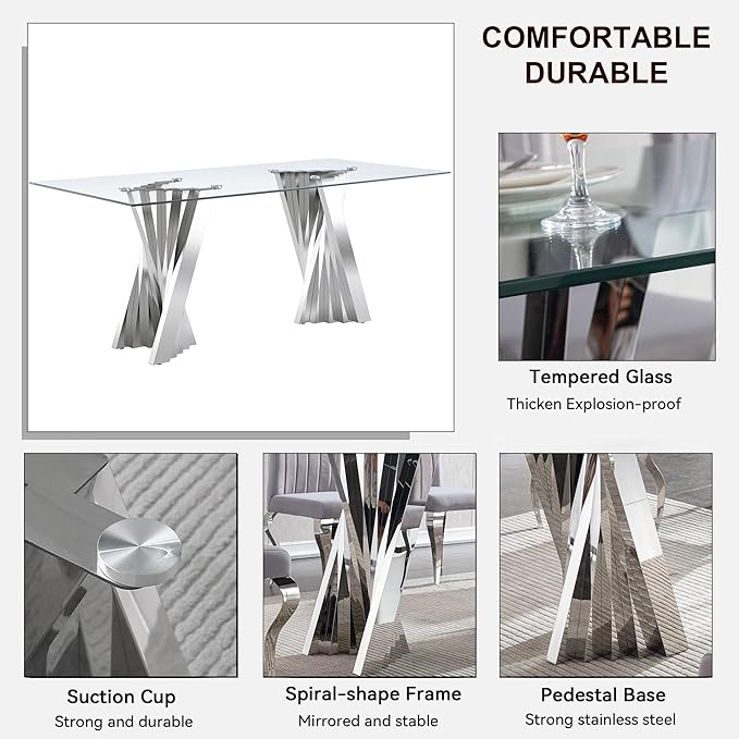 Goujxcy 70" Glass Dining Table Set for 4, Modern Silver Dining Table Set with 4 Black Velvet Upholstered Dining Chairs, 5 Piece Kitchen Dining Room Table Set with Stainless Steel Legs