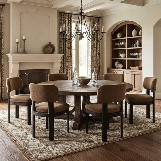 Modern Brown Upholstered Dining Chairs Set of 2 Wooden Side Chairs with Curved Backrest and Black Legs for Kitchen Island, Dining Room