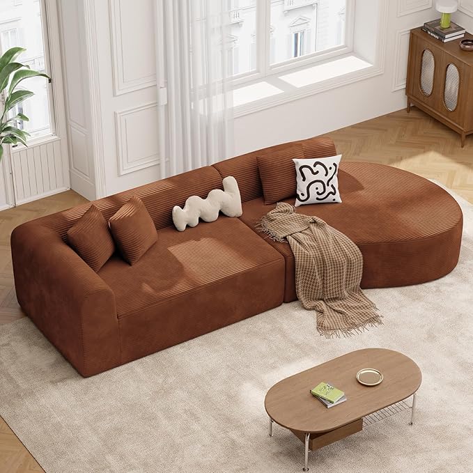 128" Oversized Modern Curved Sofa,Boneless Cloud Sectional Couch with Deep Seat,No Assembly Required Corduroy Couches for Living Room,Reddish Brown,1 PCS