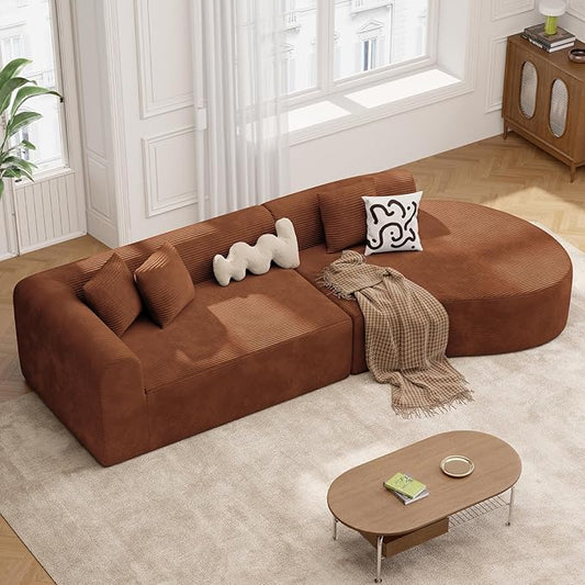 128" Oversized Modern Curved Sofa,Boneless Cloud Sectional Couch with Deep Seat,No Assembly Required Corduroy Couches for Living Room,Reddish Brown,1 PCS